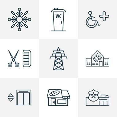 Kentsel simgeleri stil fırın, okul, Engelli işareti ve diğer Asansör öğeleri kümesi satır. İzole vektör illüstrasyon kentsel simgeleri.