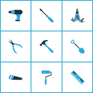Handtools simgeler kümesi matkap, tornavida, çekiç ve diğer yuvarlak pense öğeleri ile renkli. İzole vektör çizim handtools simgeleri.