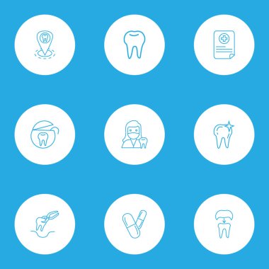 Diş simgeler çizgi stili dişçi kadın, diş taç, diş hekimi konumu ve diğer kaldırma öğeleri ile ayarlayın. İzole vektör çizim diş simgeler.