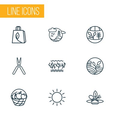 Ekoloji simgeler stil biyosfer, güneşli hava, flora ve diğer makas öğeleri kümesi satır. İzole vektör çizim ekoloji simgeler.