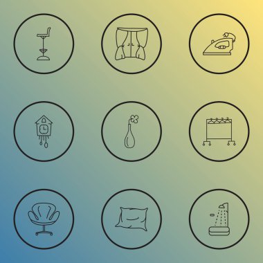 Dekor simgeler stil guguklu saat, uzun boylu sandalye, duş ve diğer elektronik öğeleri kümesi satır. İzole vektör çizim dekor simgeler.