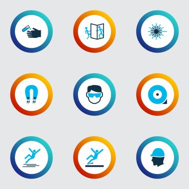 Koruma simgeler kümesi ile lazer ışını, chocked tekerlek, renkli kapı ve diğer ekipman öğeleri açma dikkatli olun. İzole vektör illüstrasyon koruma simgeler.