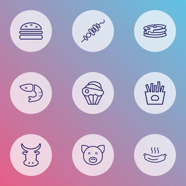 Essen Symbole Linie Stil-Set mit Cupcake, Wurst, Pfannkuchen und anderen Kuh-Elemente. isolierte Vektorabbildung Mahlzeit Symbole. — Stockvektor