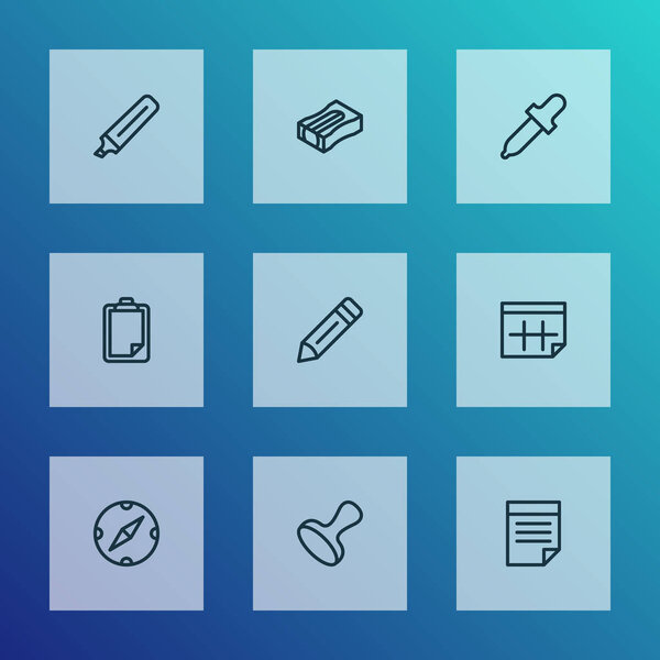 Stationary icons line style set with pen, marker, clipboard and other sharpen elements. Isolated vector illustration stationary icons.