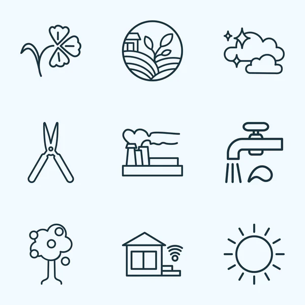 Nature icons line style set with clean air, water crane, smart home and other cloud elements. Isolated vector illustration nature icons. — Stock Vector