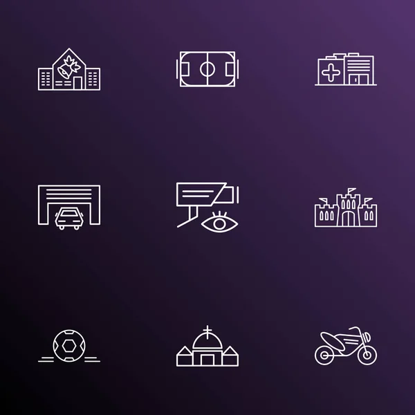 Public. Skyline icons line style set with castle, school, hospital and other soccer elements. Isolated vector illustration public. Skyline icons. — Stock Vector