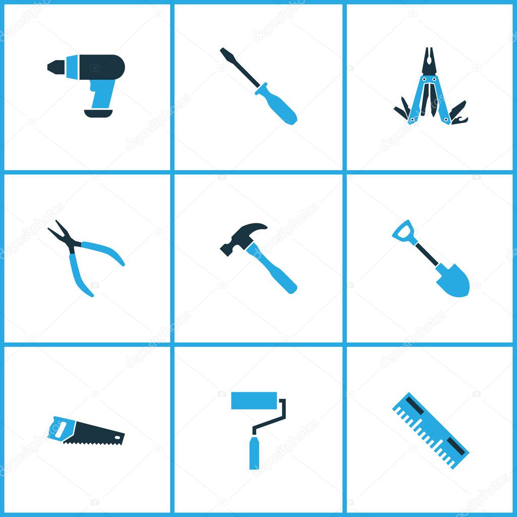 Handtools icons colored set with drill, screwdriver, hammer and other round pliers elements. Isolated vector illustration handtools icons.