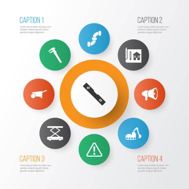 İnşaat simgeler bina sepeti, tarak ve diğer öğelerin vernier boynuz ile ayarlayın. İzole vektör illüstrasyon inşaat simgeler.