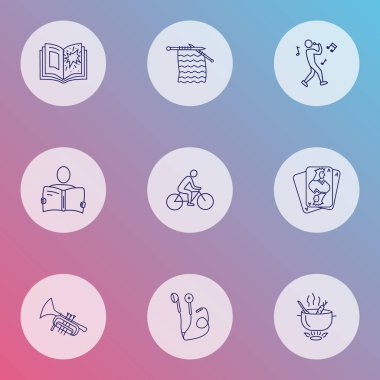 Eğlence simgeler çizgi stili, iskambil, Bisiklet ve eğitim diğer öğeleri okuma ile ayarlayın. İzole vektör çizim eğlence simgeler.
