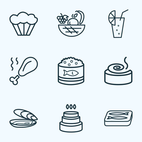 Conjunto de iconos de la línea de alimentos con ostras, patas de pollo, magdalenas y otros elementos de cosecha. Iconos de alimentos de ilustración vectorial aislado . — Archivo Imágenes Vectoriales