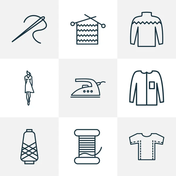 Stijl iconen lijnstijl ingesteld met breien, ijzer, naaien, patroon en andere elementen van textiel. Geïsoleerde vector illustratie stijl iconen. — Stockvector