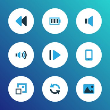 Multimedya simgeler sesini, eşitleme, geri sarma ve geriye dönük diğer öğeleri kümesiyle renkte. İzole vektör çizim multimedya simgeler.