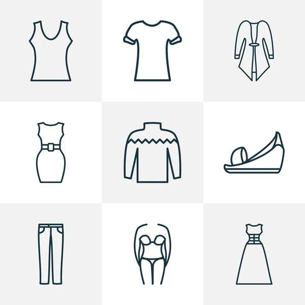 Style de ligne d'icônes de mode avec cardigan, bikini, robe sans manches et autres éléments de maillot de bain. Illustration vectorielle isolée icônes de mode . — Image vectorielle