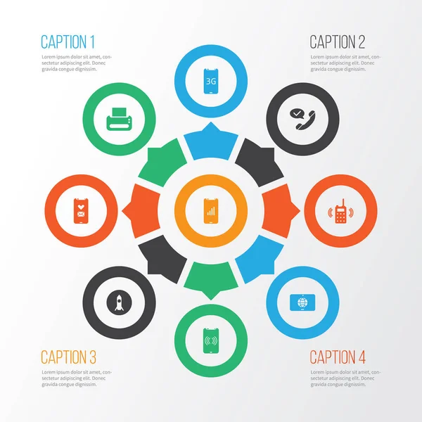 Telekomünikasyon Icons set ile dokunmatik ekran, mobil şebeke, telsiz ve diğer roket öğeleri ile. İzole vektör çizim telekomünikasyon simgeler.