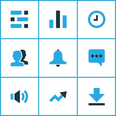 Aşağı ok, sohbet, eğilim ve diğer istatistik öğeleri ile koymak renkli simgeler arabirim. İzole vektör çizim arayüzü simgeler.