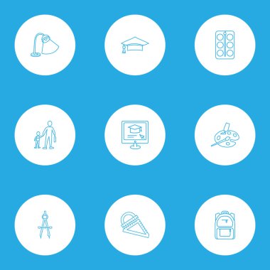 Okul simgeler stil sanat, okul sırt çantası, pusula ve diğer ölçüm öğeleri kümesi satır. İzole vektör çizim okul simgeler.