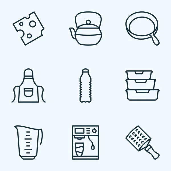 Kulinariska ikoner linje stil set med vattenflaska, mäta cup, förkläde och andra lagring element. Isolerade vektor illustration kulinariska ikoner. — Stock vektor