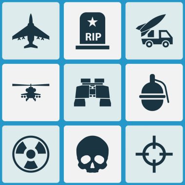 Helikopter, savaş, dürbün ve diğer tehlikeli unsurlar ile mücadele Icons set. İzole vektör çizim mücadele simgeler.