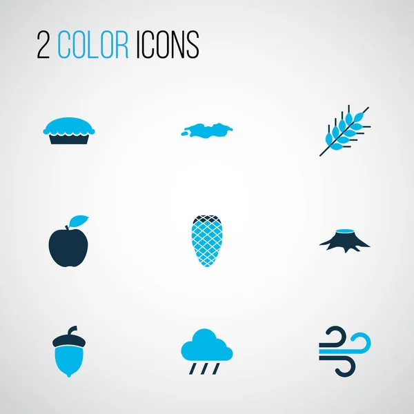 Seasonal icons colored set with pine cone, puddle, apple and other cloud elements. Isolated vector illustration seasonal icons.