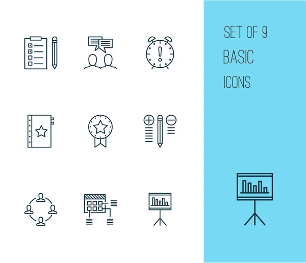 Conjunto de iconos de gestión con planificación de proyectos, lista de tareas, trabajo en equipo y elementos de garantía de reuniones. Iconos de gestión de ilustración vectorial aislada . — Vector de stock