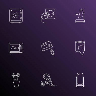 Mobilya simgeler stil elektrik prizine, tuvalet kağıdı, mikrodalga ve diğer stand vanity öğeleri kümesi satır. İzole illüstrasyon mobilya simgeler.