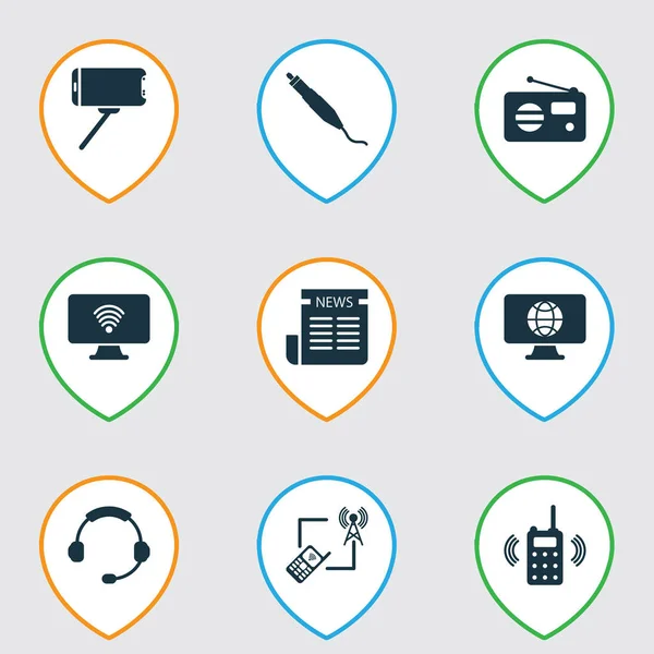 Communication icons set with selfie stick, connector plug, walkie-talkie and other headset elements. Isolated  illustration communication icons.