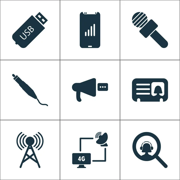 Conjunto de iconos de comunicación con conector, torre de comunicación, cuerno y otros elementos de antena. Iconos de comunicación de ilustración aislada . — Foto de Stock