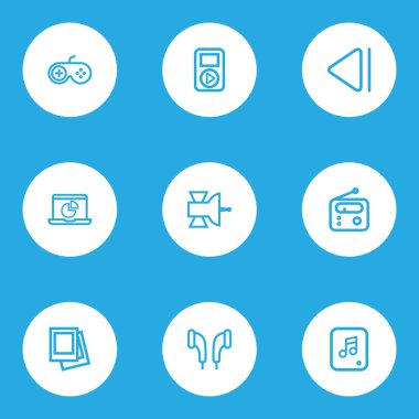 Multimedya simgeler stil Galerisi, monitör, radyo ve diğer iletişim anten öğeleri kümesi satır. İzole vektör çizim multimedya simgeler.