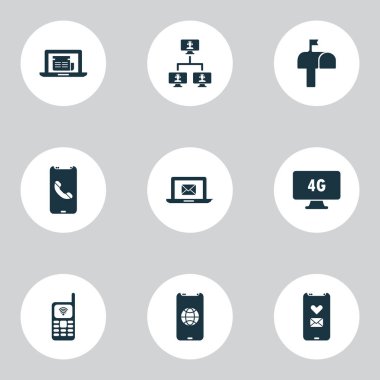 Telekomünikasyon Icons set ile bağlantılı bilgisayarlar, iletişim, cep telefonu ve diğer akıllı telefon iletişim öğeleri ile. İzole vektör çizim telekomünikasyon simgeler.