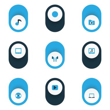 Medya simgeler tablet, nota, dosya ve diğer pikap öğeleri ile set renkli. İzole vektör çizim medya simgeler.