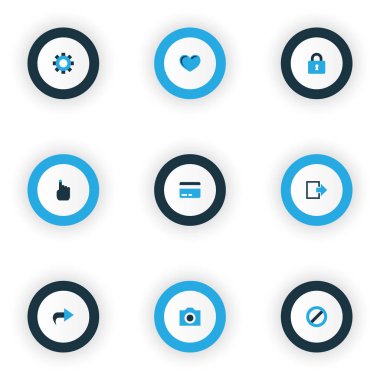 Kullanıcı simgeleri yasağı, kalp, ödeme ve diğer aşk öğeleri kümesiyle renkli. İzole vektör çizim Kullanıcı simgeleri.