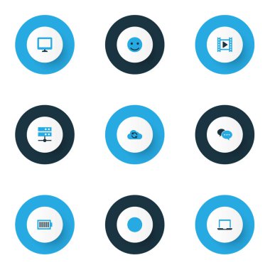 Müzik simgeler kümesi ile ücret, dizüstü bilgisayar, sinema ve diğer film öğelerini renkte. İzole vektör illüstrasyon müzik simgeleri.