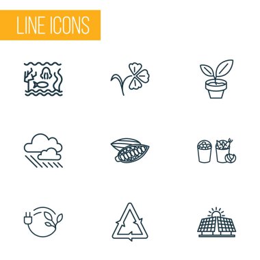 Uyum simgeler stil kakao ceviz, bio enerji, alternatif enerji ve su altı diğer öğeleri kümesi satır. İzole vektör çizim uyum simgeler.