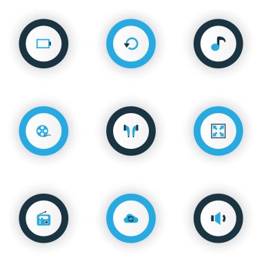 Müzik simgeler kümesi kulaklık, enerji, nota ve diğer film şeridi öğeleri ile renkli. İzole vektör illüstrasyon müzik simgeleri.