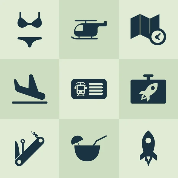 Iconos de viaje con múltiples herramientas, aterrizaje en avión, coctelería de coco elementos de helicóptero. Iconos de viaje de ilustración vectorial aislado . — Archivo Imágenes Vectoriales