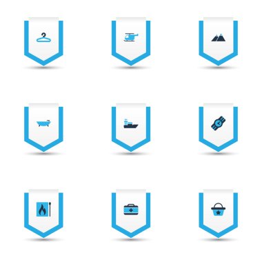 Renkli Icons set askı, banyo, kol saati ve diğer küvet öğeleri ile seyahat. İzole vektör illüstrasyon seyahat simgeler.
