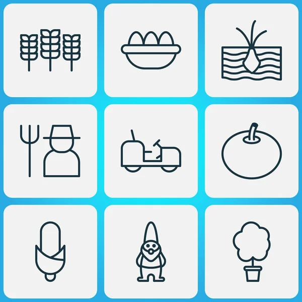 Maatilan kuvakkeet asetettu munia, maissia, maaperää ja muita munasoluja elementtejä. Erilliset vektorikuvakkeet viljelylaitoksessa . — vektorikuva