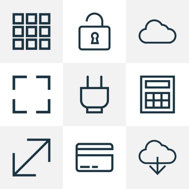 Arabirim simgeler çizgi stili ile ayarla hesaplamak, açık, uygulama ve diğer ödeme öğeleri. İzole vektör çizim arayüzü simgeler.