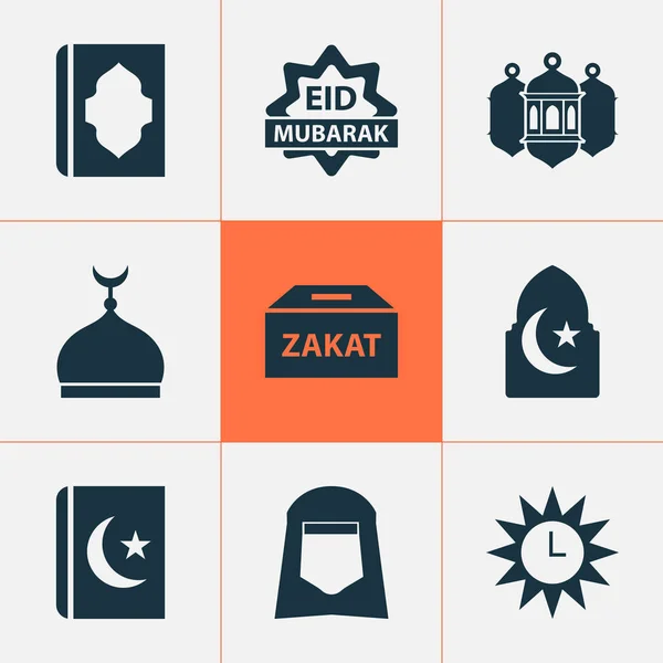 Ramadán ikony set s islámem, eid mubarak, šál a dalších prvků Lucerna mešita. Izolované vektorové ilustrace ramadánu ikony. — Stockový vektor