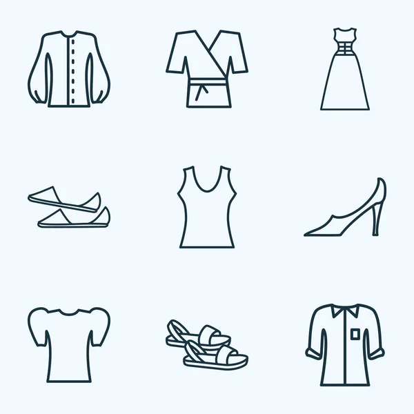 Style icônes ligne ensemble de style avec des chaussures plates, chaussures de pompe, vêtements de soirée et autres éléments de tenue. Isolés icônes vectorielles de style illustration . — Image vectorielle