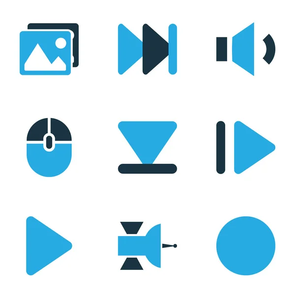 Музыкальные иконы цветной набор с записью, мегафоном, играть и другие элементы громкости вниз. Изолированные векторные иконки музыки . — стоковый вектор