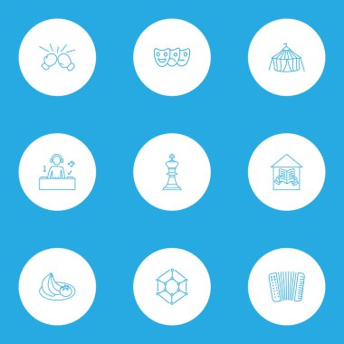 Hobi simgeleri stil boks, cirque, satranç ve diğer şekil öğeleri kümesi satır. İzole illüstrasyon hobi simgeleri.