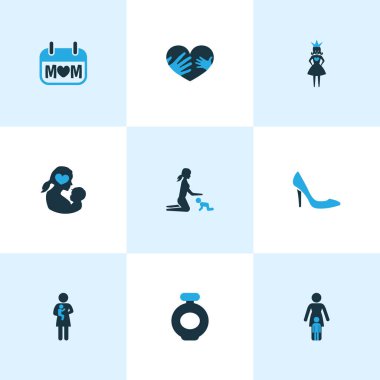 Anneler günü simgesi renkli tasarım konsepti. Bayan, koku, eller 9 gibi öğeleri kümesi. Anne, Bebek ve yeni doğan için güzel sembolleri.