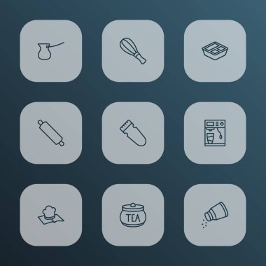 Pişirme simge stil oklava, çırpma teli, beslenme çantası ve diğer soyucu öğeleri kümesi satır. İzole illüstrasyon simgeler pişirme.