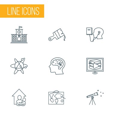 Eğitim simgeler stil yaratıcılık, lise, dijital kütüphane ve diğer e-okuyucu öğeleri kümesi satır. İzole illüstrasyon eğitim simgeler.