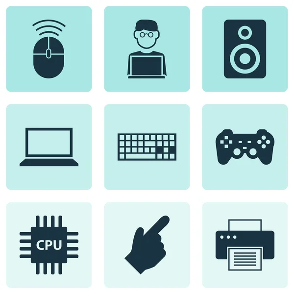 Los iconos del dispositivo se establecen con el hombre con el ordenador portátil, altavoz, CPU y otros elementos de puntero. Iconos de dispositivos de ilustración aislados . — Foto de Stock