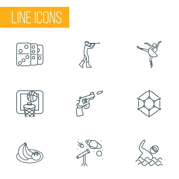Hobby icons line style set with domino, basketball, gun and other astronomy elements. Isolated  illustration hobby icons.