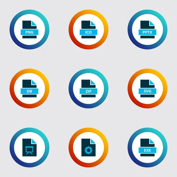 Conjunto de iconos de documento coloreado con archivo ico, presentación de archivos, archivo png y otros elementos de archivo. Iconos de documento de ilustración aislados . — Foto de Stock