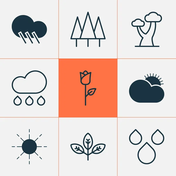 Landscape icons set with big tree, raindrop, clear sunrise and other love flower elements. Isolated  illustration landscape icons. — Stock Photo, Image