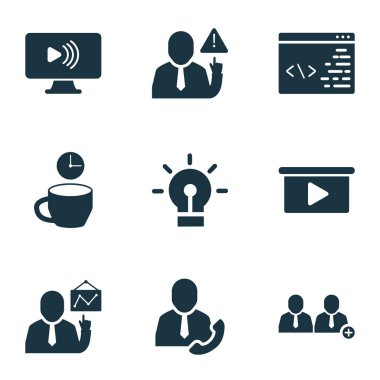 Ekip çalışması simgeleri ile ayarla takım, çağrı çalışan, fikir ve diğer uyarı öğeleri ekler. İzole vektör çizim çalışması simgeler.